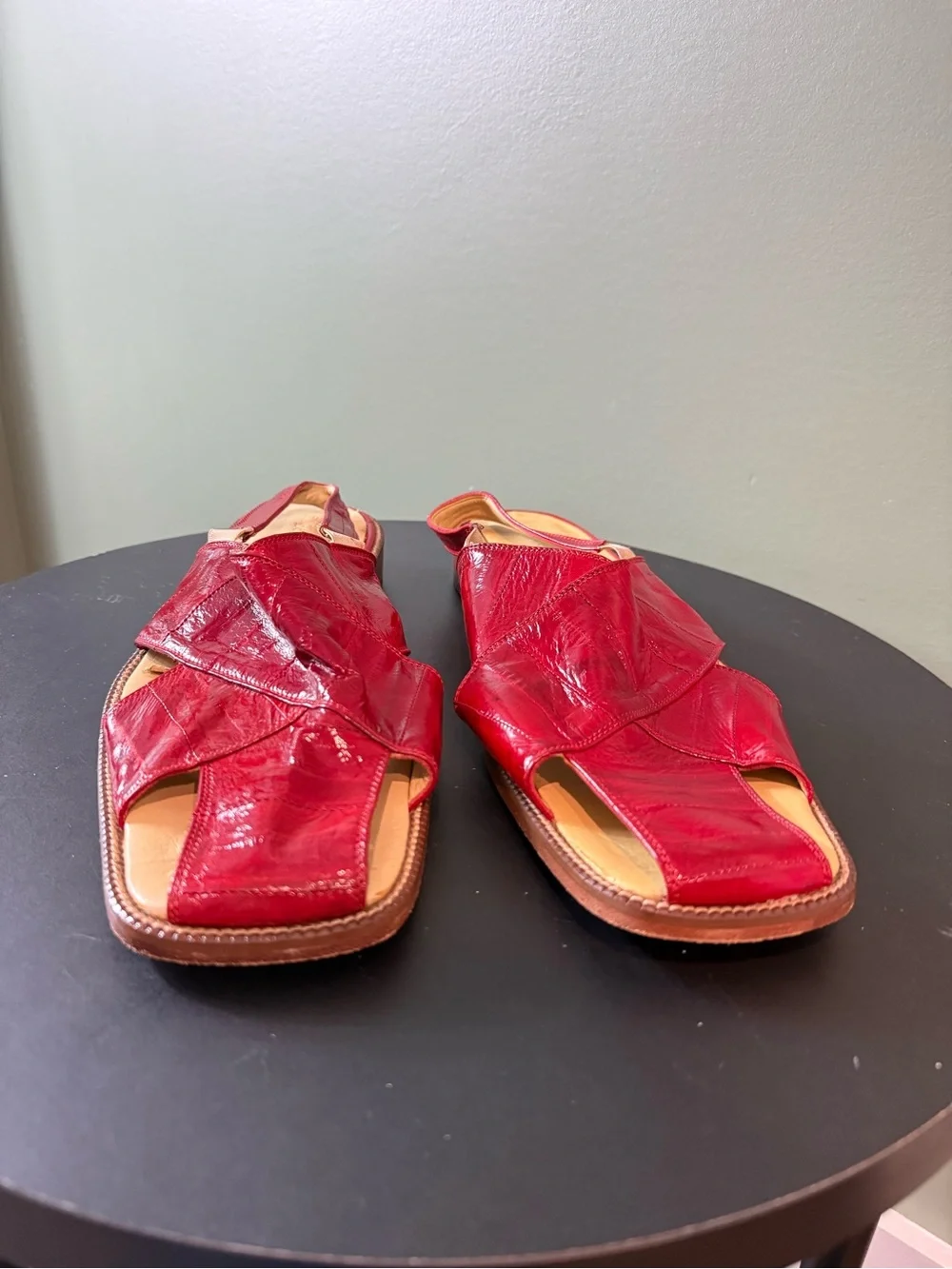 Red Leather Cross-Strap mens Slide Sandals